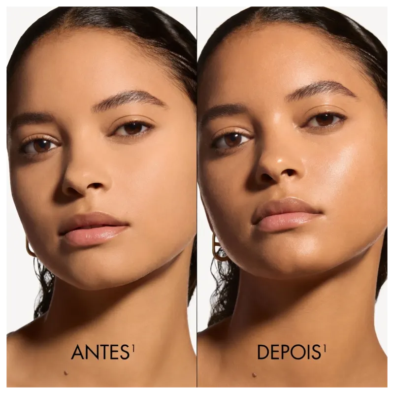 Imagem promocional de produto de beleza da marca Dior, apresentando antes e depois da aplicação do produto.
