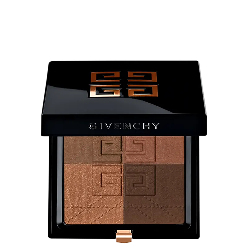 Caixa preta com logotipo da marca Givenchy em letras douradas. Contém 4 tons de marrom e dourado, com padrão geométrico em relevo.