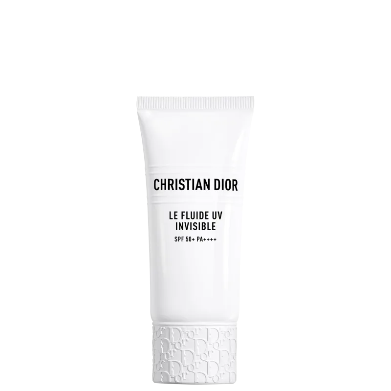 Tubo branco com rótulo preto exibindo o texto "CHRISTIAN DIOR LE FLUIDE UV INVISIBLE SPF 50+ PA+++". O produto parece ser um item de perfumaria com proteção solar.