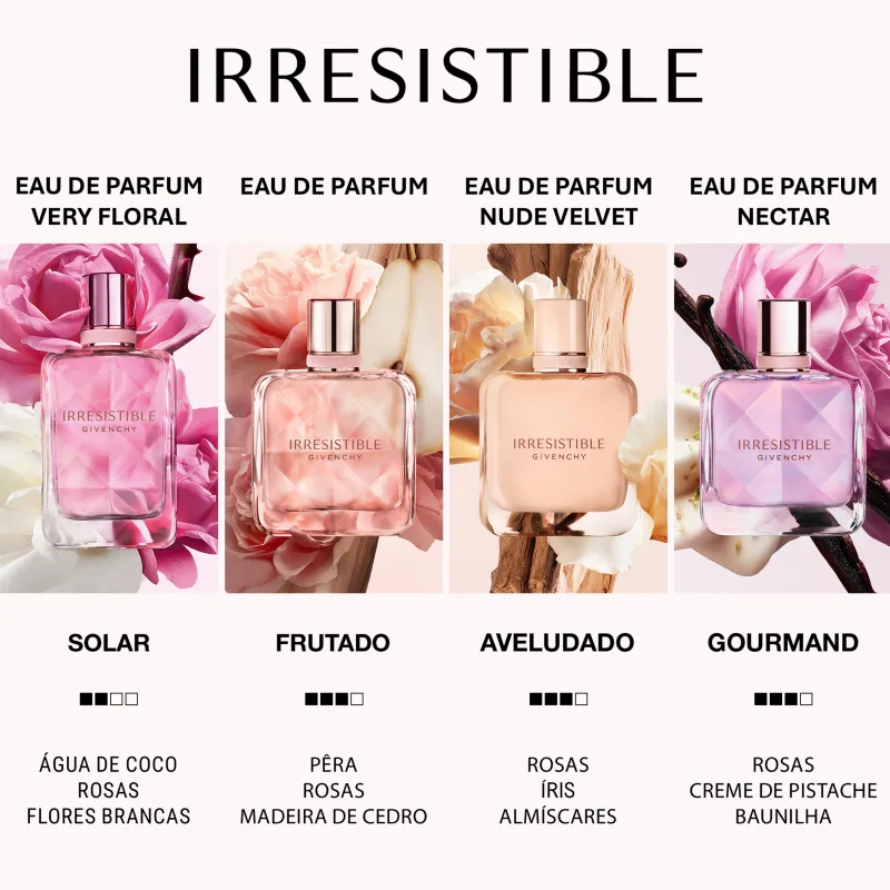 Frasco de perfume Irresistible da Givenchy, com embalagem em tons de rosa claro e branco. O rótulo destaca o nome "Irresistible" e a marca Givenchy em letras elegantes.