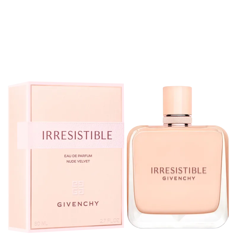 Frasco de perfume Irresistible da Givenchy, com embalagem em tons de rosa claro e branco. O rótulo destaca o nome "Irresistible" e a marca Givenchy em letras elegantes.
