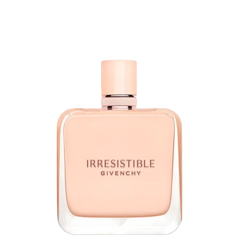 Frasco de perfume Givenchy Irresistible, com design elegante e minimalista em tons de rosa claro e detalhes em metal. O rótulo destaca o nome da fragrância em letras pretas.