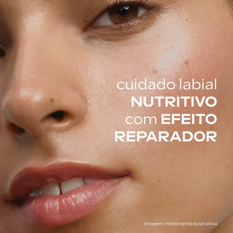 Imagem de mulher parda, com destaque aos lábios. Texto afirma: cuidado labiala nutritivo com efeito reparador.