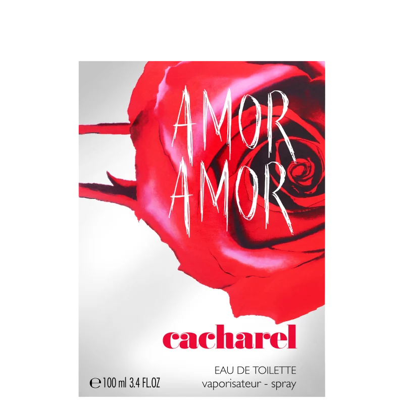 Caixa do perfume Cacharel Amor Amor, com rótulo em vermelho e branco destacando o nome da fragrância. A embalagem apresenta uma grande rosa vermelha em destaque, criando uma imagem sensual e romântica.