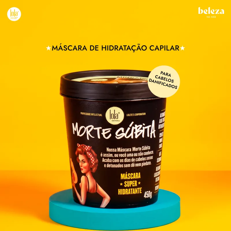 Embalagem preta com rótulo "Morte súbita" e imagem de mulher de cabelos vermelhos, anunciando máscara super hidratante para cabelos danificados.
