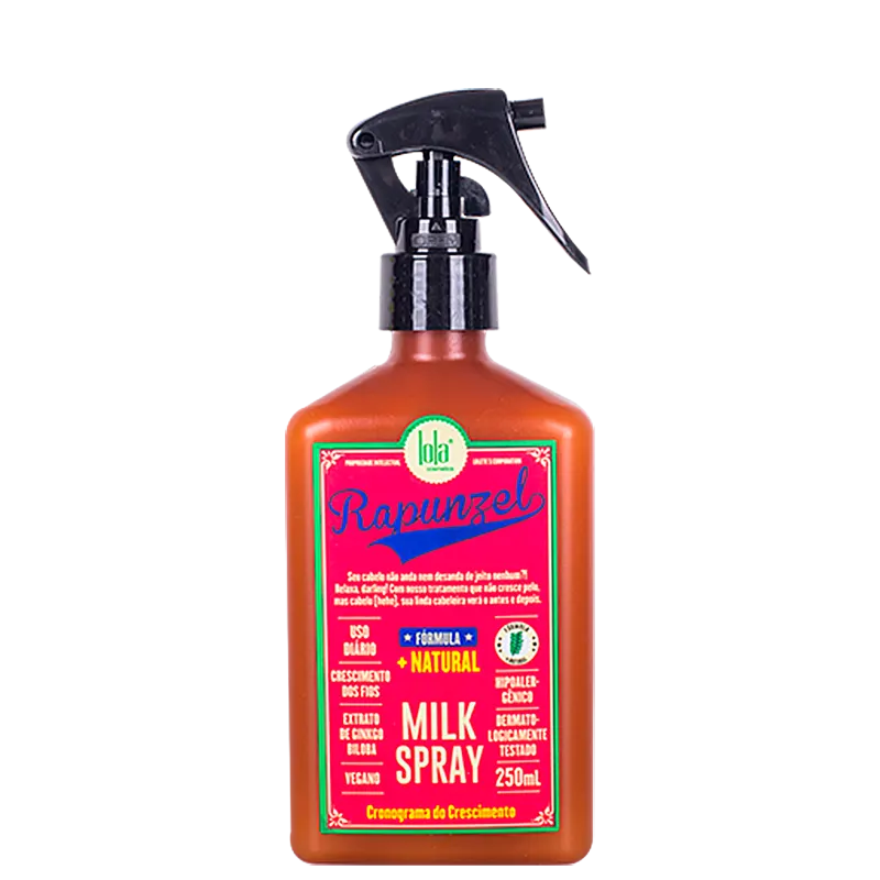 Frasco de spray de leite da marca Lola From Rio, com rótulo rosa e verde destacando a fórmula natural e vegana do produto. O frasco possui um gatilho preto e contém 250 ml do produto.