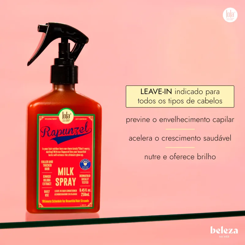 Frasco de spray de leite da marca Lola From Rio, com rótulo rosa e verde destacando a fórmula natural e vegana do produto. O frasco possui um gatilho preto e contém 250 ml do produto.