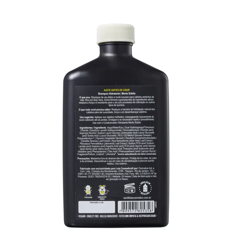Frasco preto de shampoo hidratante "Morte Súbita" da marca Lola From Rio, com rótulo destacando ingredientes.