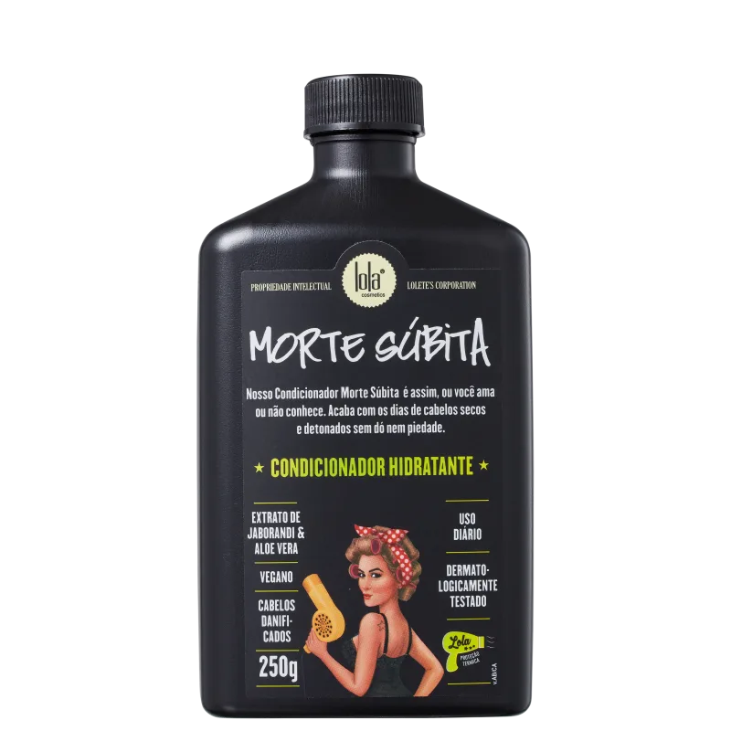 Frasco preto de condicionador capilar "Morte Súbita" da marca Lola From Rio, com rótulo destacando ingredientes.
