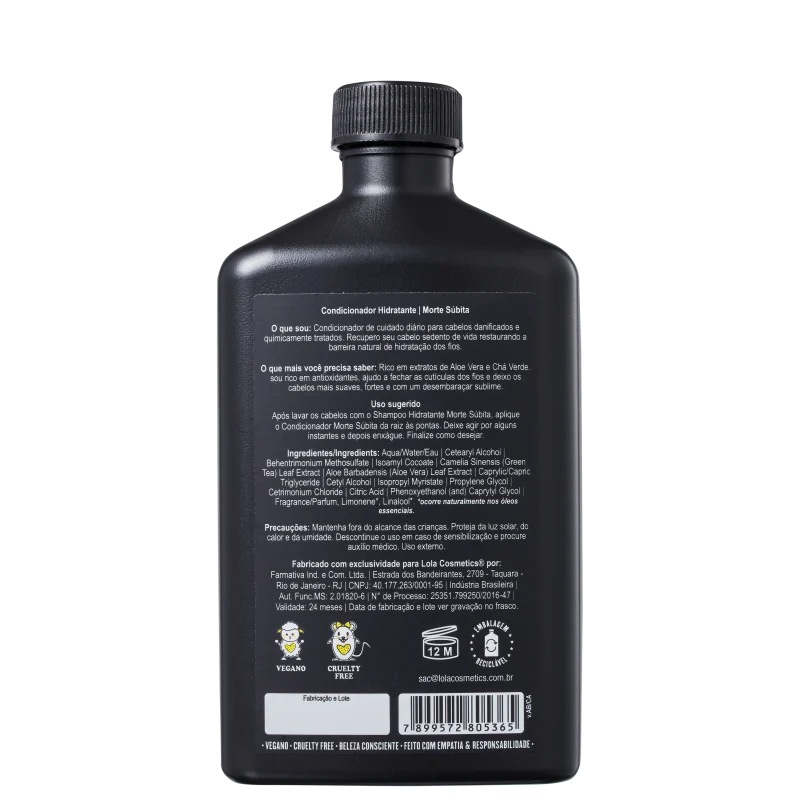 Frasco preto de condicionador capilar "Morte Súbita" da marca Lola From Rio, com rótulo destacando ingredientes.