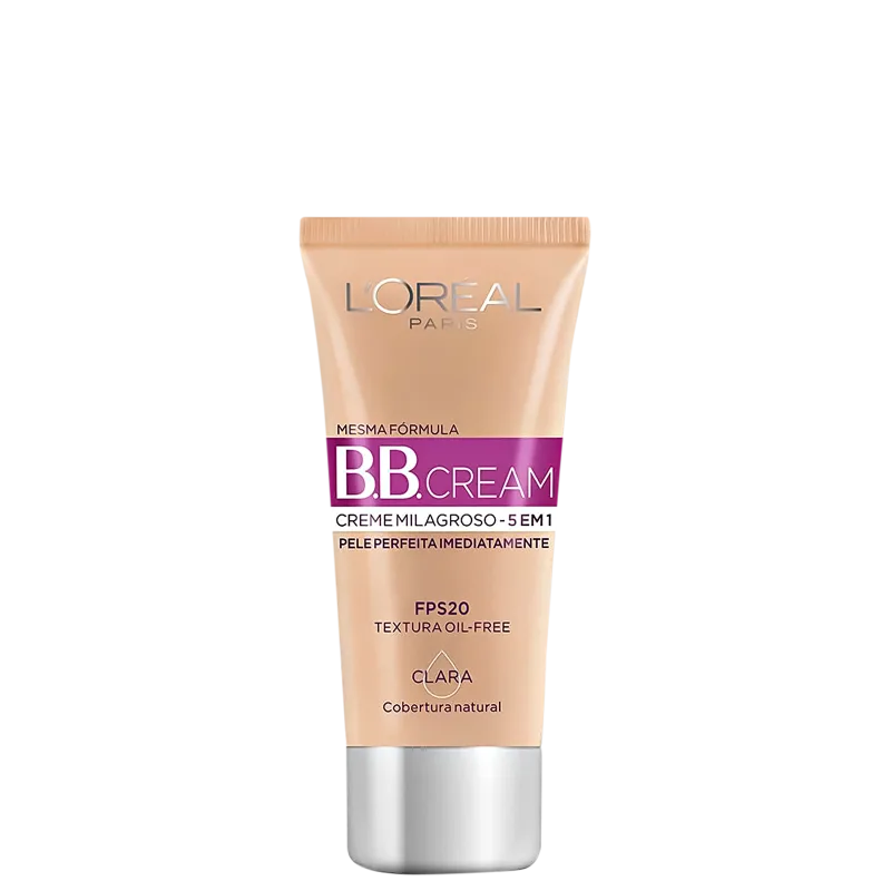 Tubo de BB Cream da L'Oréal Paris, com fórmula milagrosa 5 em 1, textura oil-free e cobertura natural. Embalagem em tons de bege e roxo, com informações sobre o FPS 20 e a cor clara.