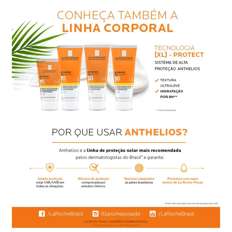 O texto destaca a tecnologia "XL-Protect" que oferece alta proteção antielios, com textura ultraleve e hidratação por 8 horas. Também enfatiza que a linha Anthelios é a mais recomendada por dermatologistas.