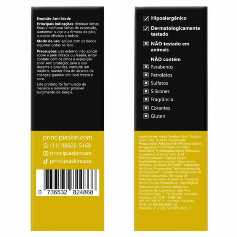 Emulsão facial Principia com 2% de retinóide granativo, em frasco de vidro âmbar com conta-gotas, rótulo preto e amarelo destacando as propriedades do produto para linhas finas, perda de firmeza e olheiras.