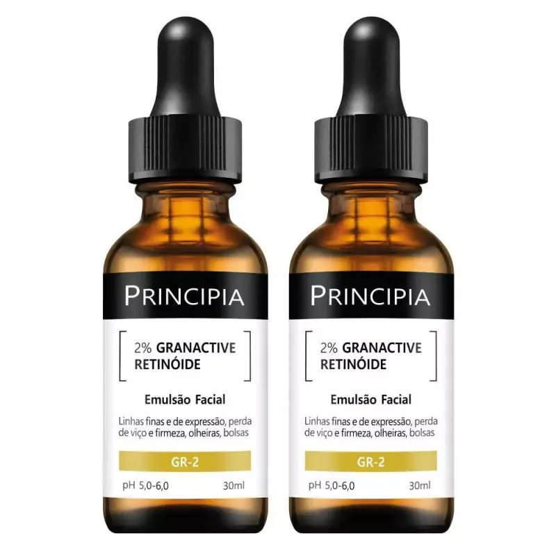 Dois frascos de emulsão facial Principia com 2% de retinoide granativo, em embalagem de vidro âmbar com conta-gotas preto, rótulo branco com texto "Principia" e "2% Granactive Retinoide".