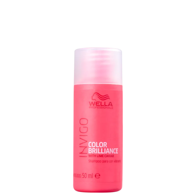 Frasco de shampoo Wella Professionals Invigo Color Brilliance, com 50 ml, em embalagem vermelha, com rótulo destacando a linha "Color Brilliance" e a presença de "Lime Caviar" na fórmula.