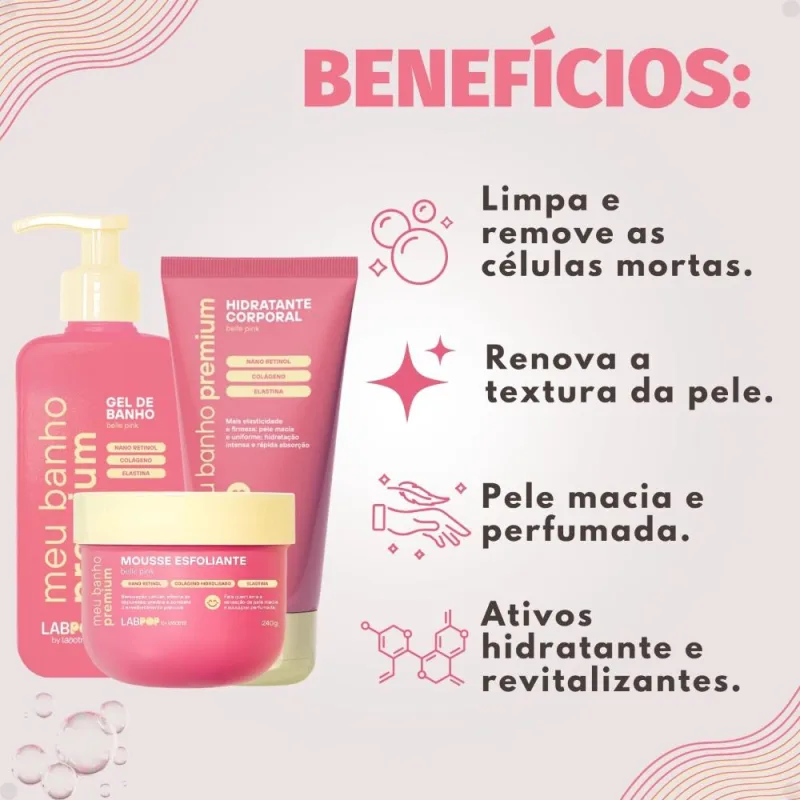 Kit LabPop by Labotrat Belle Pink: Gel de Banho, Mousse Esfoliante e Hidratante Corporal