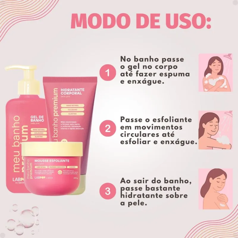 Kit LabPop by Labotrat Belle Pink: Gel de Banho, Mousse Esfoliante e Hidratante Corporal