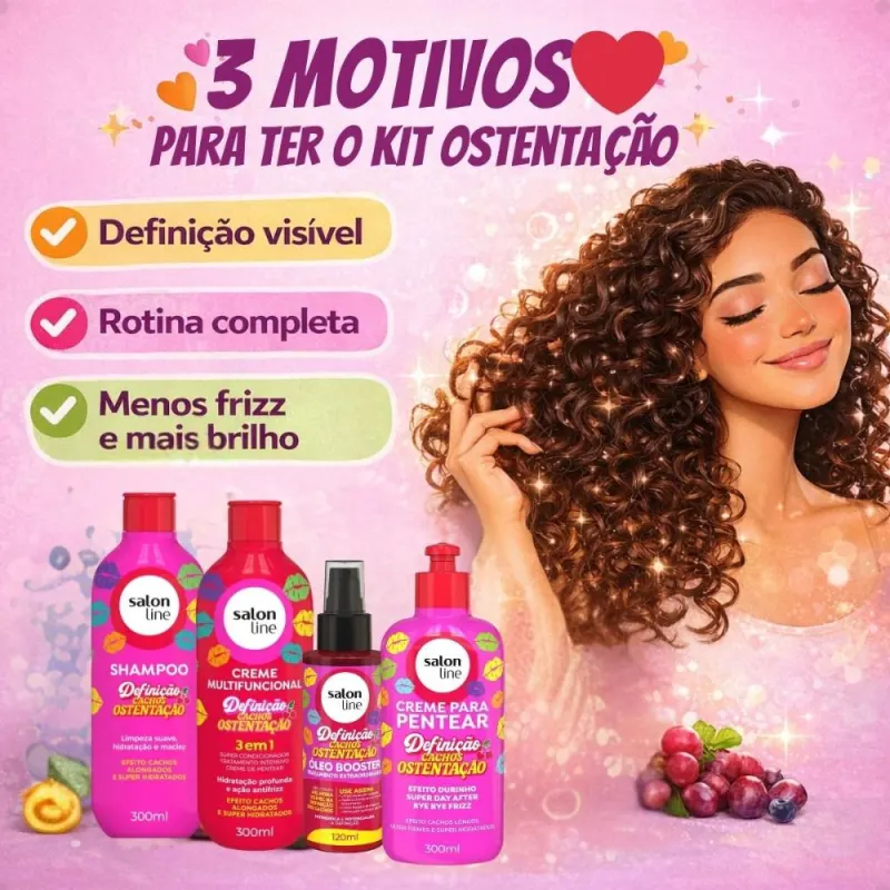 Kit Salon Line Definição Cachos Ostentação: Shampoo e Creme Multifuncional + Creme Pentear 300ml e Óleo Booster