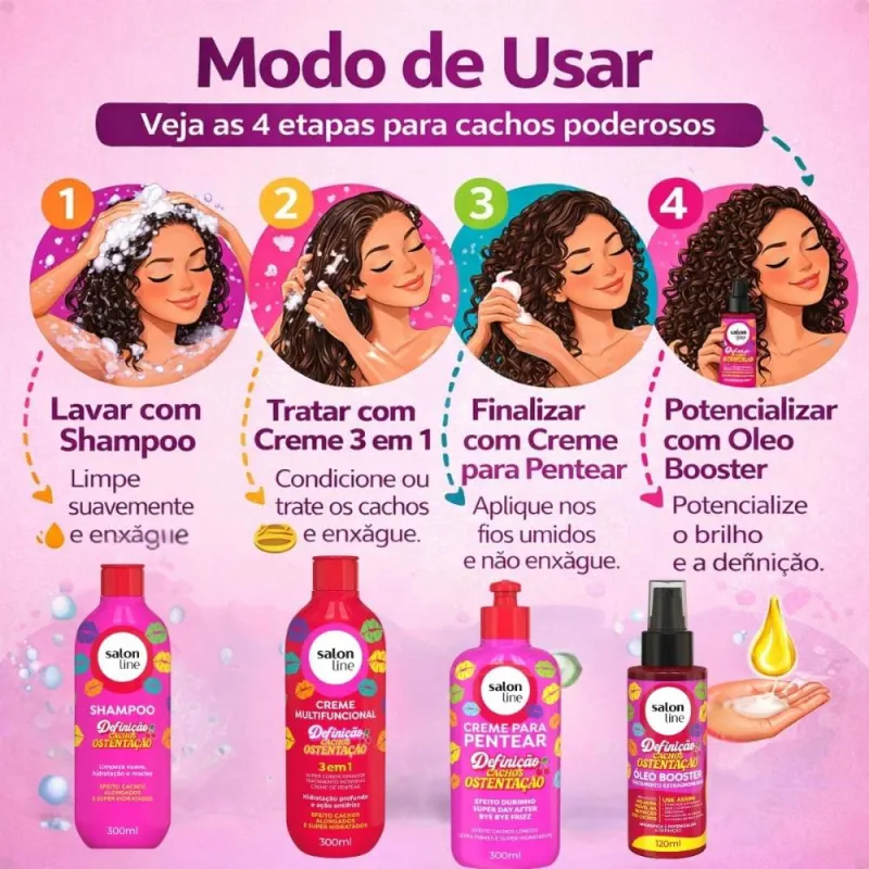 Kit Salon Line Definição Cachos Ostentação: Shampoo e Creme Multifuncional + Creme Pentear 300ml e Óleo Booster