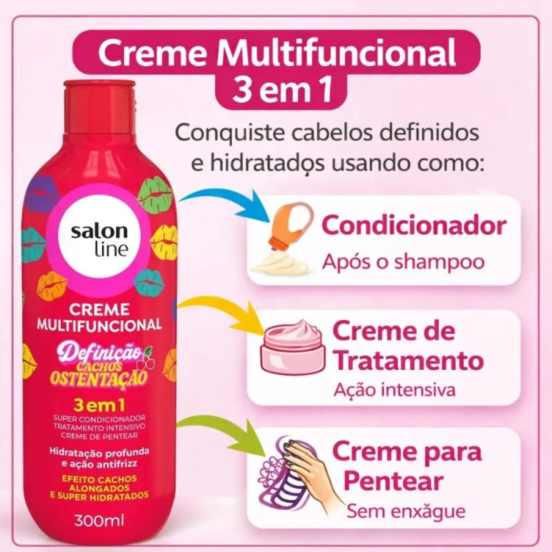 Kit Salon Line Definição Cachos Ostentação: Shampoo e Creme Multifuncional + Creme Pentear 300ml e Óleo Booster