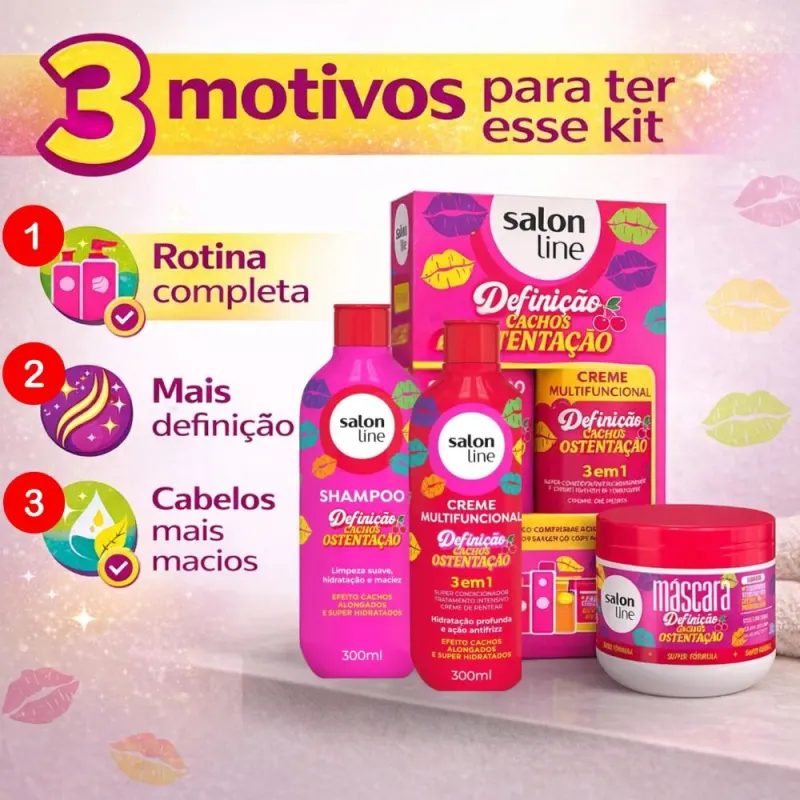 Kit Salon Line Definição Cachos Ostentação: Shampoo e Creme Multifuncional 300ml + Máscara Capilar 300g