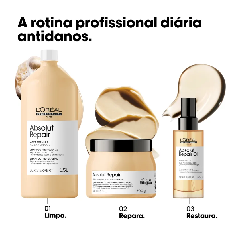 Três produtos de beleza da marca L'Oréal Professionnel: 1) Shampoo Absolut Repair de 1,5L; 2) Tratamento condicionante Absolut Repair de 500g; 3) Óleo Absolut Repair de 90ml. Texto na imagem: "A rotina profissional diária antidanos."