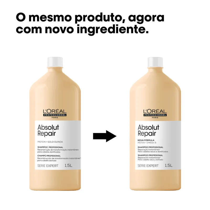 Duas garrafas de shampoo L'Oréal Professionnel, com rótulos em português. A da esquerda é da linha Absolut Repair, com a descrição "Protein + Gold Quinoa". A da direita é da mesma linha, com a descrição "Nova Fórmula Protein + Omega-6". Ambas têm 1,5L .