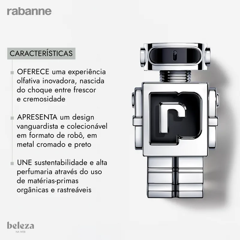 Experiência olfativa inovadora, nascida do choque entre frescor e cremosidade. 
Design vanguardista e colecionável em formato de robô, em metal cromado e preto. 
Sustentabilidade e alta perfumaria através do uso de matérias-primas orgânicas e rastreáveis.