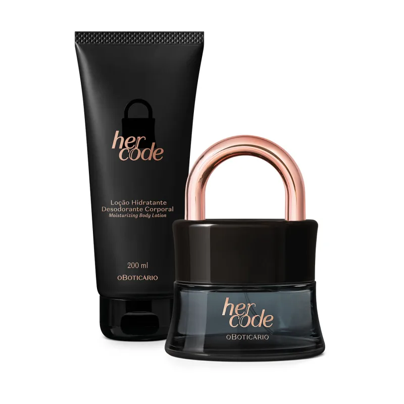 Dois itens da marca Her Code em embalagens pretas com letras douradas, sendo um vidro em formato de cadeado com arco dourado  contendo Eau de Parfum e uma bisnaga contendo loção hidratante corporal.