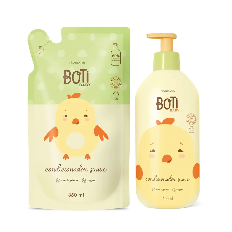 Dois itens Boti Baby em embalagens em tons de bege, rosa e laranja com ilustração de passarinho amarelo, sendo um frasco com bomba dosadora de 400ml de condicionador suave e um refil em sachê de 350ml.