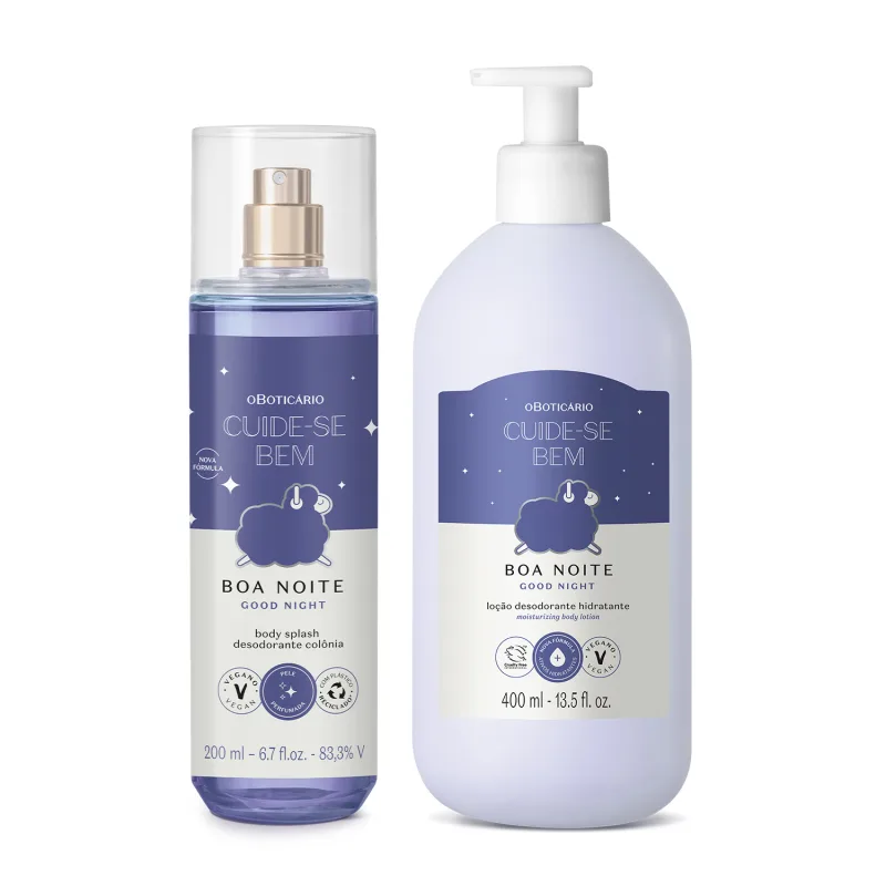 Dois itens Cuide-se Bem Boa Noite, com rótulo em azul escuro e branco e ovelhinha ilustrada: frasco com líquido azul e pulverizador prateado de body splash e frasco branco com bomba dosadora de loção hidratante corporal.