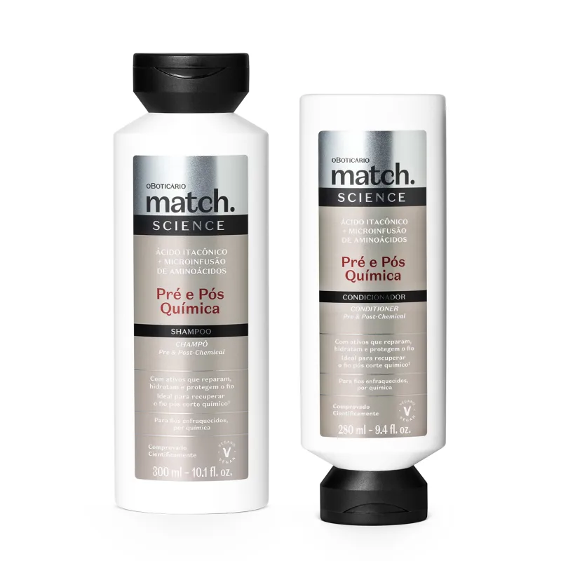Dois itens da marca Match Science Pré e Pós Química em tons de branco, preto e prata, sendo um frasco de 300ml de shampoo e outro frasco de 280ml de condicionador.