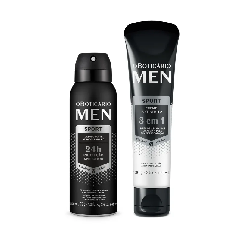Dois itens da marca MEN Sport em tons de preto, branco e prateado, sendo um creme antiatrito 3 em 1 e um desodorante para os pés.