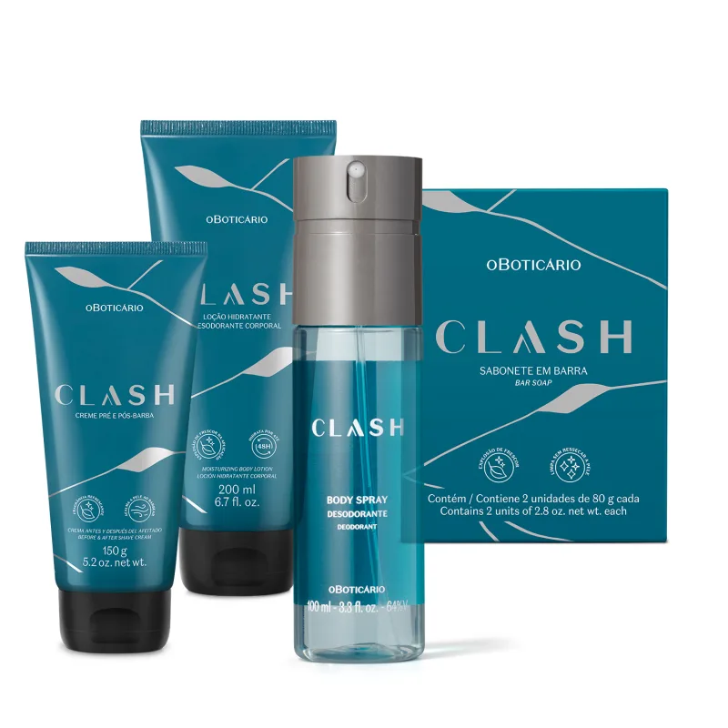 Combo de produtos de perfumaria da marca Clash, incluindo duas bisnagas azuis com tapa preta, sendo uma de creme para barba e outro para o corpo, um frasco cilíndrico de body spray e duas barras de sabonete ovais brancas e caixa de sabonete azul escuro.