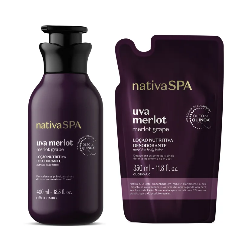 Embalagem de loção corporal Nativa SPA Uva Merlot em frasco roxo escuro com tampa dosadora preta e refil do mesmo produto em fundo roxo escuro com detalhes dourados e letras brancas de mesma marca.