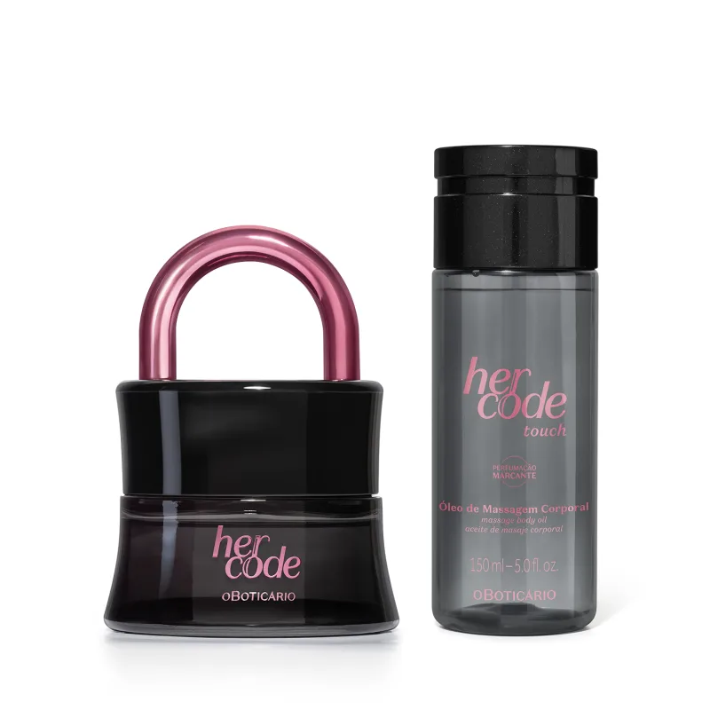Dois itens de perfumaria da marca Her Code Touch: um frasco preto com alça rosa em formato de cadeado de desodorante colônia e um frasco cinza com rótulo rosa de óleo de massagem corporal de mesma marca.