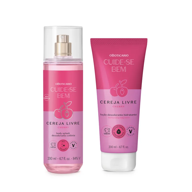 Dois itens de perfumaria da marca Cuide-se Bem Cereja Livre: um frasco de body splash na cor rosa e uma bisnaga de loção desodorante hidratante na mesma cor, ambos com rótulos em tons de rosa com cereja ilustrada.