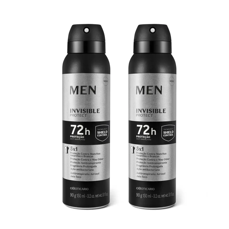 Dois frascos pretos de antitranspirante aerosol da marca Men Invisible Protect, com rótulos em prata e branco, exibindo informações sobre proteção contra manchas e odores por 72 horas.