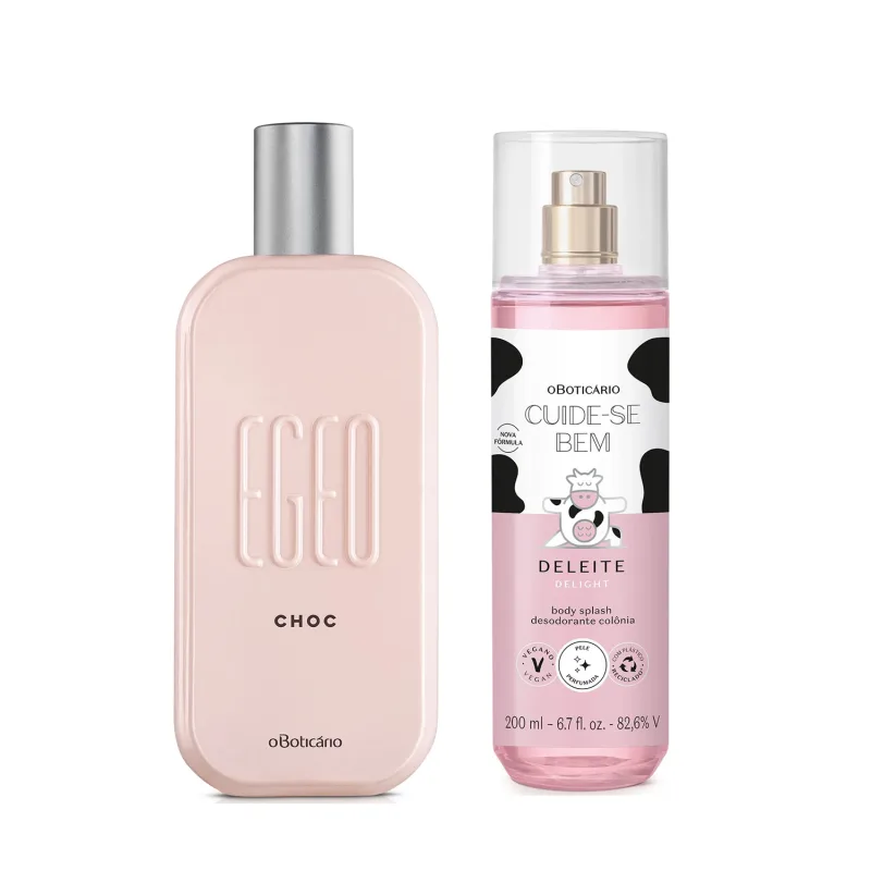 Dois frascos de perfumaria: um frasco rosa claro com tampa prateada de desodorante colônoia Egeo Choc e outro frasco transparente, líquido rosa, válvula spray e rótulo branco e rosa com manchas pretas e vaca ilustrada de body splash Cuide-se Bem Deleite.