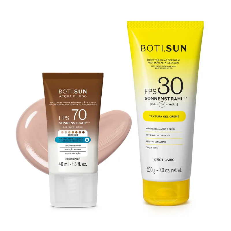 Dois produtos de proteção solar da marca Boti Sun: um frasco de protetor solar facial FPS 70 Cor 01 em bisnaga marrom e branca e uma frasco de protetor solar corporal FPS 30 em bisnaga amarela e branca com tampa amarela.