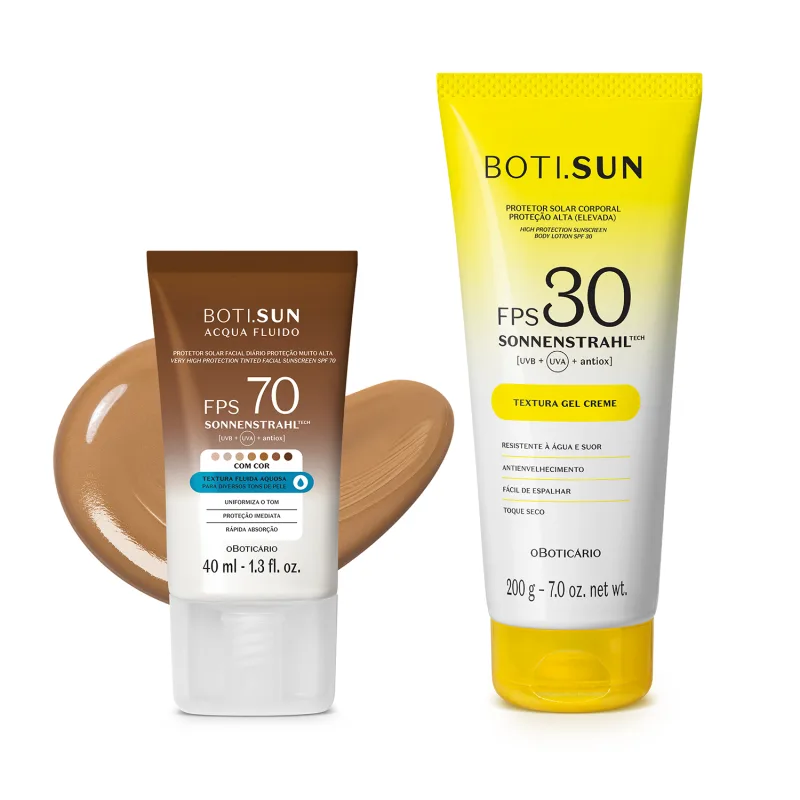 Dois produtos de proteção solar da marca Boti Sun: um frasco de protetor solar facial FPS 70 Cor 04 em bisnaga marrom e branca e uma frasco protetor solar corporal FPS 30 em bisnaga amarela e branca com tampa amarela.
