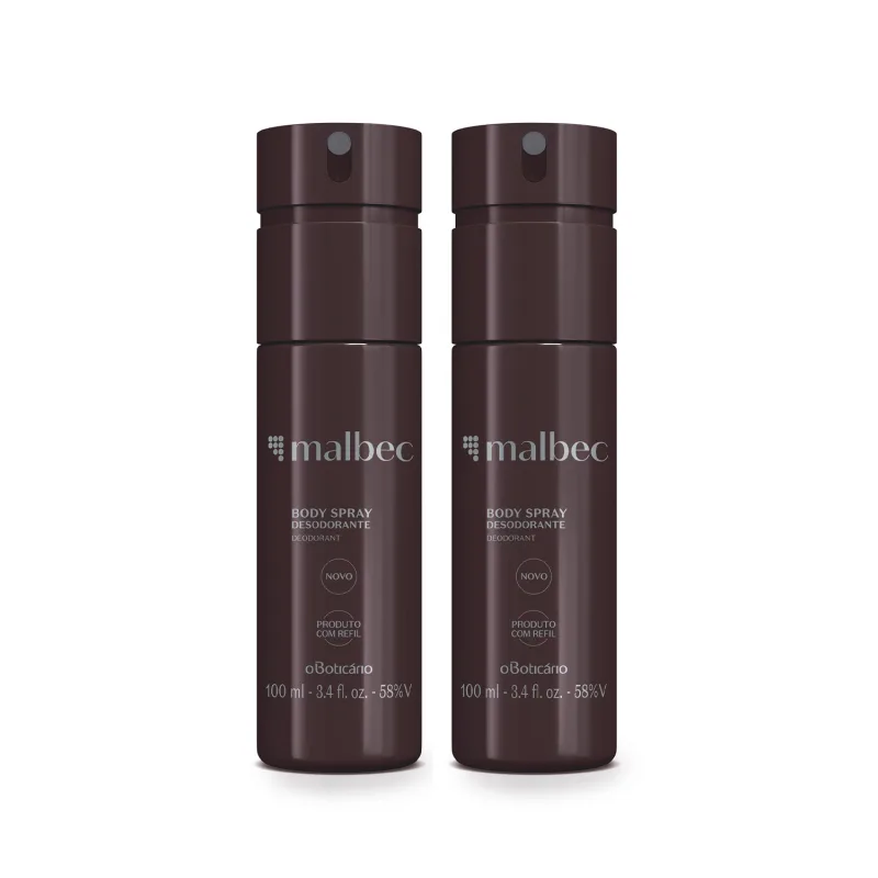 Dois frascos de 100ml de body spray da marca Malbec, com embalagem cilíndrica de cor vinho, rótulo em letras cinza com logotipo e informações do produto.