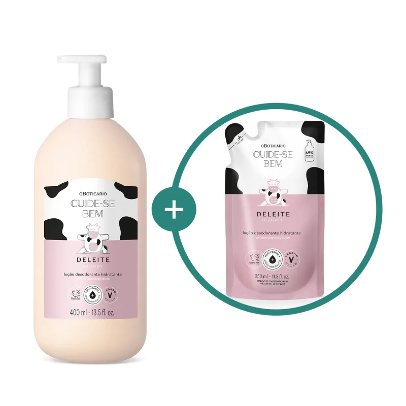Imagem de duas embalagens de loção hidratante corporal Cuide-se Bem Deleite, sendo um frasco branco e um refil em sachê. Ambos trazem as cores branca e rosa com manchas pretas e ilustração de vaca.