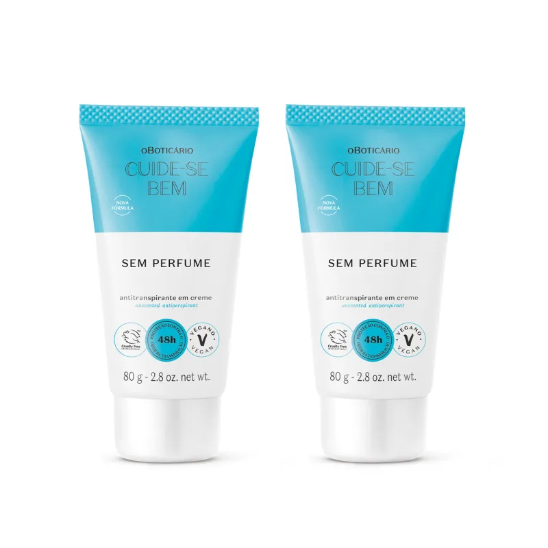 Dois frascos de antitranspirante em creme sem perfume Cuide-se Bem, com embalagem branca e azul-turquesa e letras brancas e pretas, contendo 80g de produto.