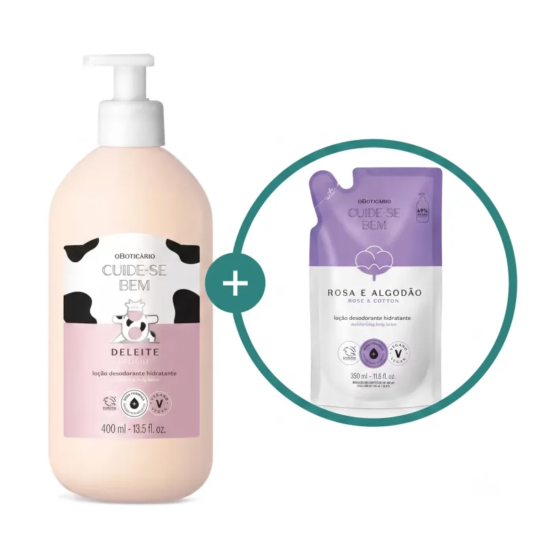 Imagem de duas embalagens de loção hidratante corporal Cuide-se Bem: um frasco branco com bomba dosadora e rótulo rosa e branco da linha Deleite e um sachê lilás e branco da linha Rosa e Algodão.