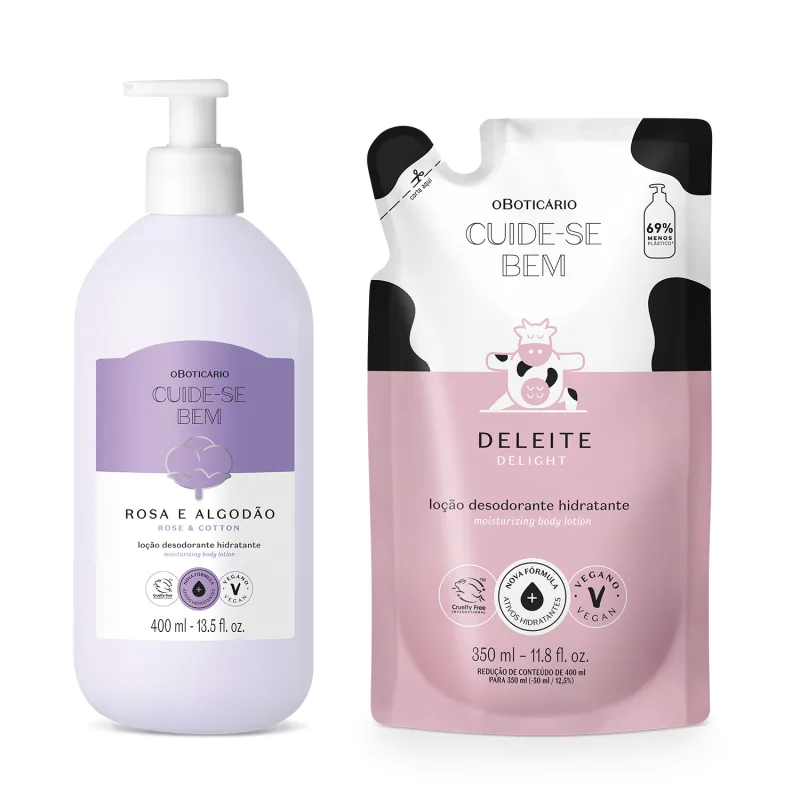 Imagem de duas embalagens de loção hidratante corporal da marca Cuide-se Bem: um frasco branco com bomba dosadora e rótulo lilás e branco da linha Rosa e Algodão e um sachê rosa e branco da linha Deleite.