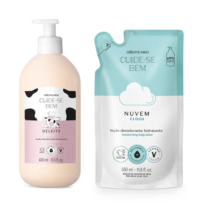 Imagem de duas embalagens de loção hidratante corporal Cuide-se Bem: um frasco branco com tampa dosadora e rótulo em branco e rosa com ilustração de vaca da linha Deleite e um refil em sachê nas cores branca e azul com ilustração de nuvem da linha Nuvem.