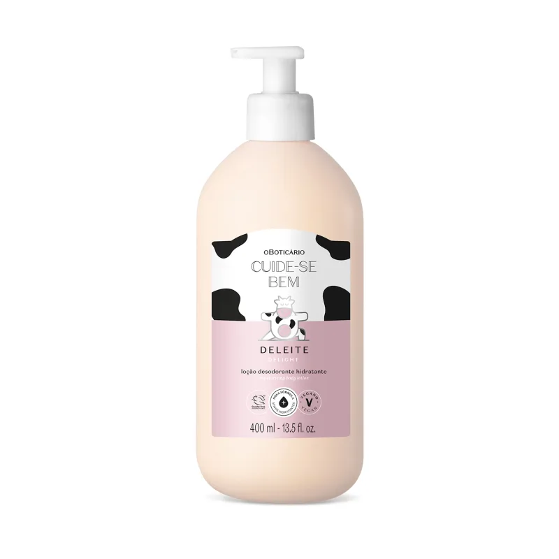 Imagem de um frasco branco com bomba dosadora e rótulo rosa e branco com detalhes pretos e ilustração de vaca, contendo 400 ml de loção hidratante corporal da marca Cuide-se Bem Deleite.