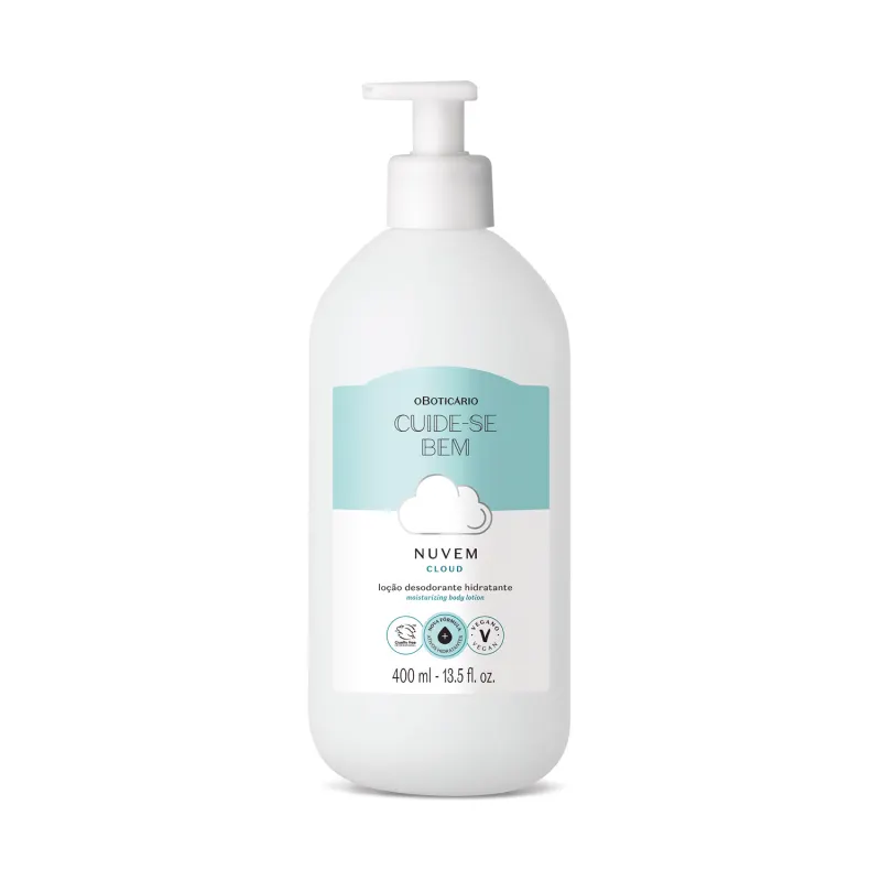 Imagem de um frasco branco com bomba dosadora e rótulo em azul-claro e branco com ilustração de uma nuvem contendo 400ml de loção hidratante corporal Cuide-se Bem Nuvem.