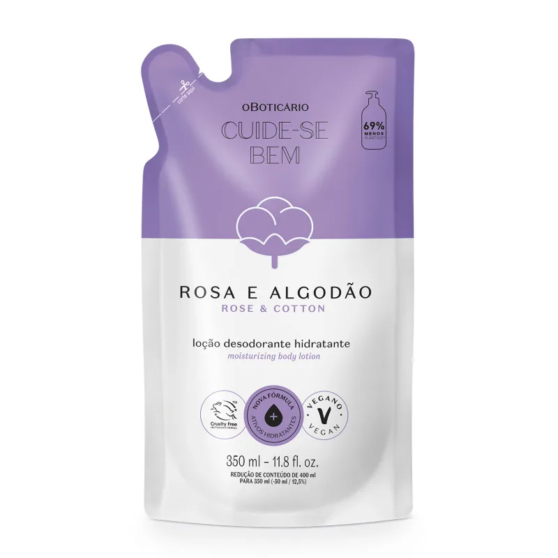 Imagem de um refil em sachê lilás e lilás com uma flor de algodão ilustrando a embalagem, contendo 350 ml de loção hidratante corporal da linha Rosa e Algodão.